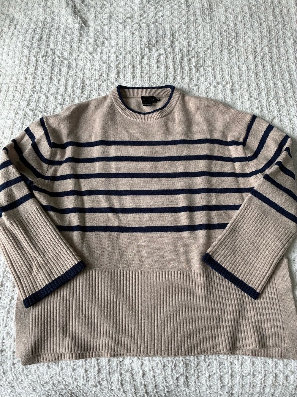 Hatch Beige and Navy Striped Crewneck Sweater